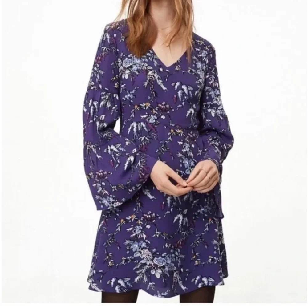 LOFT Purple Floral Long Bell -Sleeve V-Neck Dress- worn twice-‎ great shape!